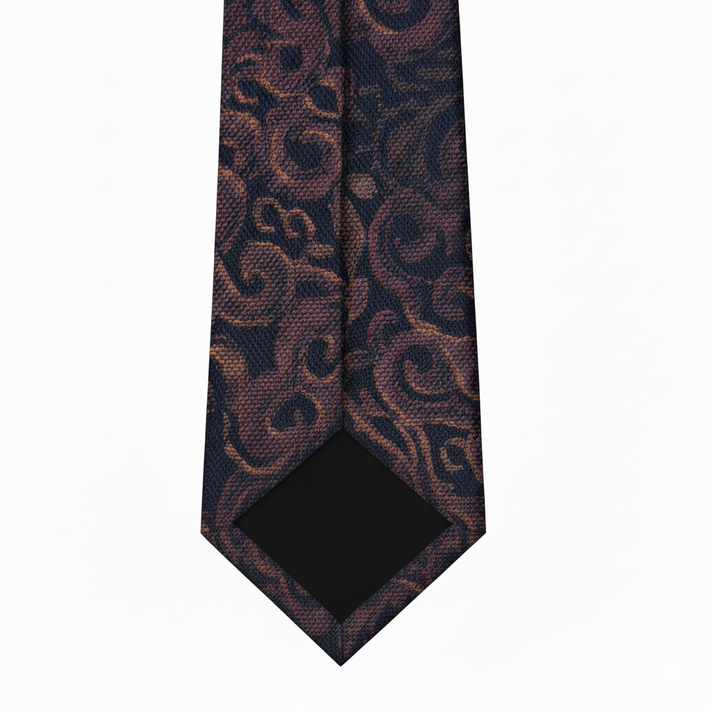 Close-up fabric swatch of dark paisley woven silk tie texture and pattern