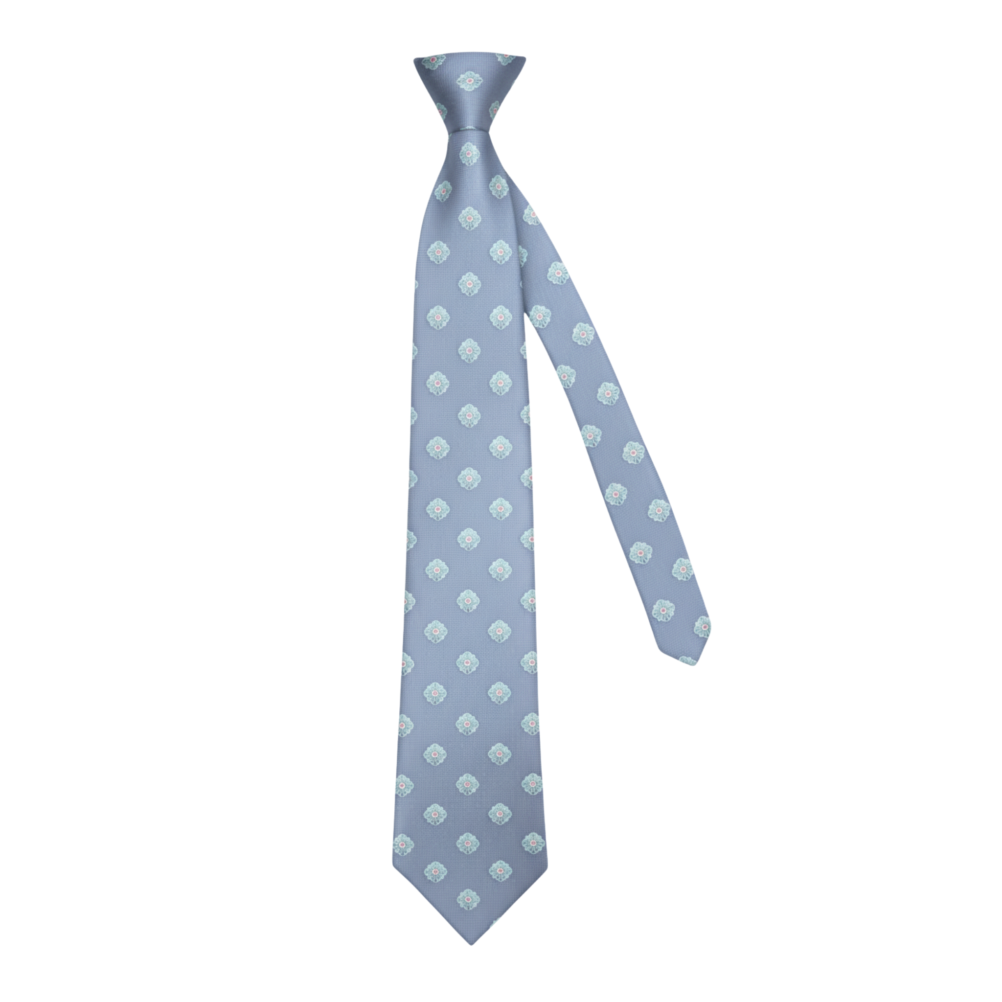 Blue patterned woven silk tie shown at an angle highlighting drape and knot