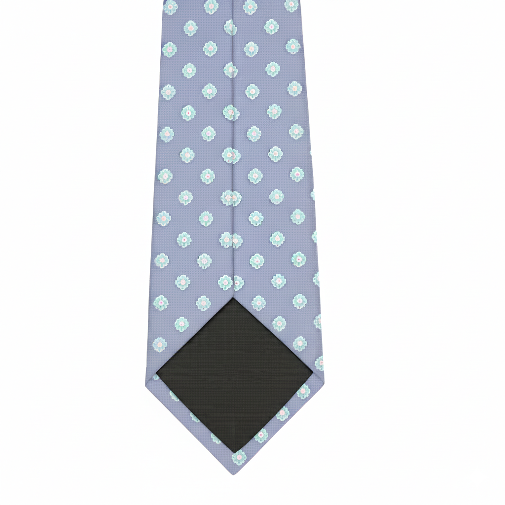 Blue patterned silk tie tip showing woven motif and interior lining detail