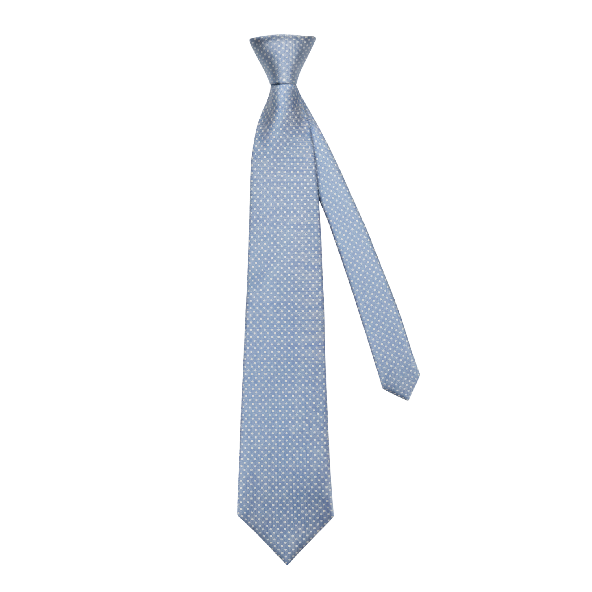 Light blue micro pattern woven silk tie shown at an angle highlighting drape