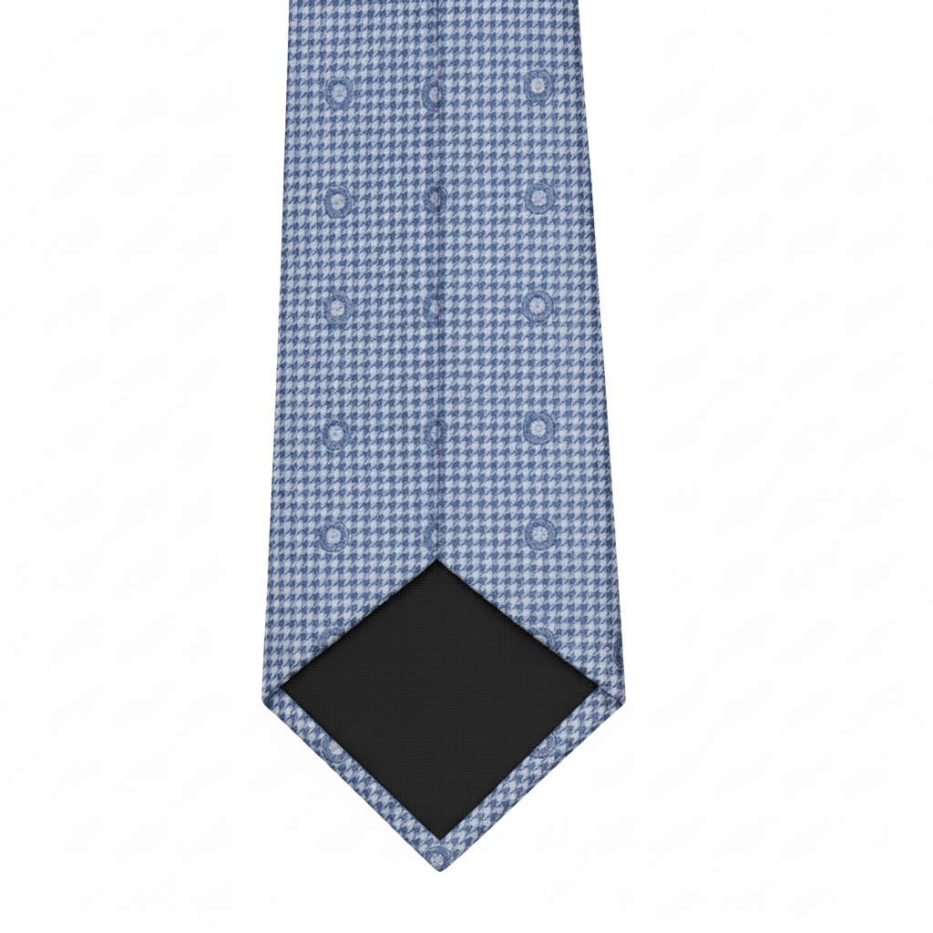 Light blue micro pattern silk tie tip showing woven texture and construction