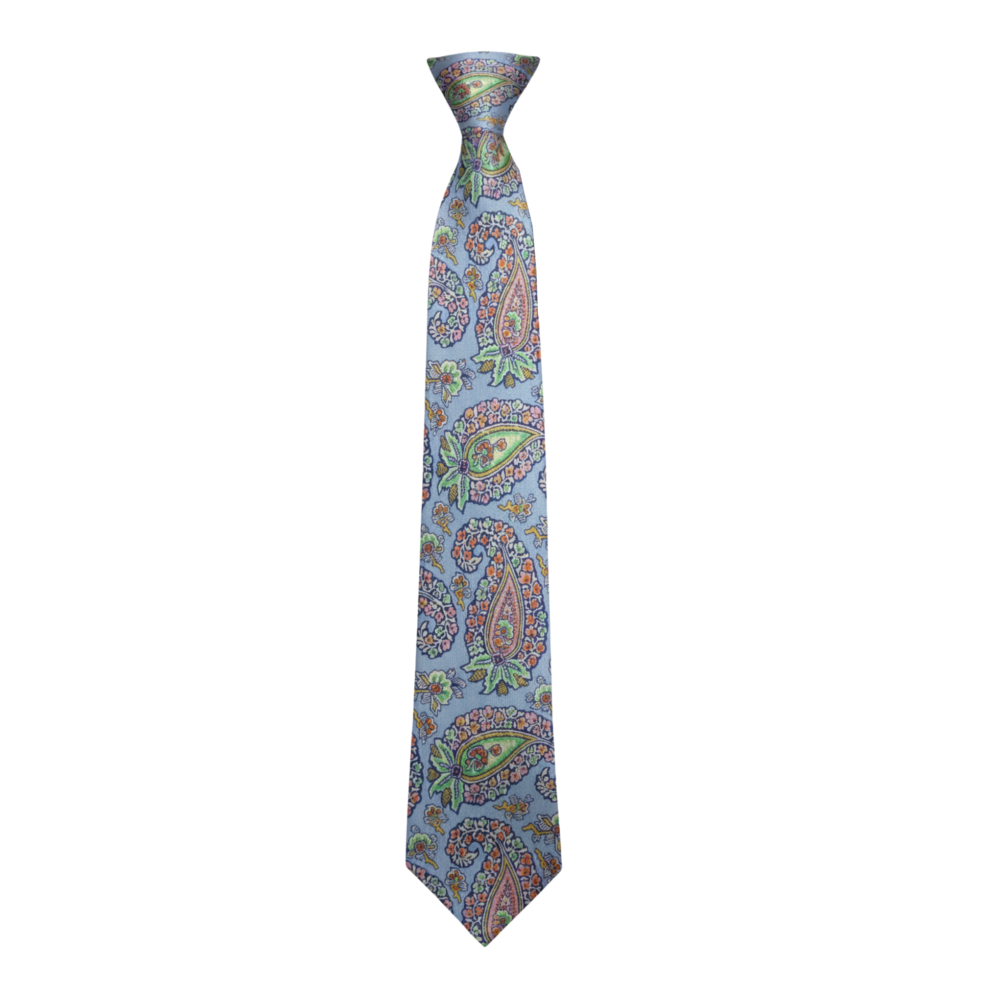 Paisley patterned woven silk tie shown front-facing with classic pointed blade