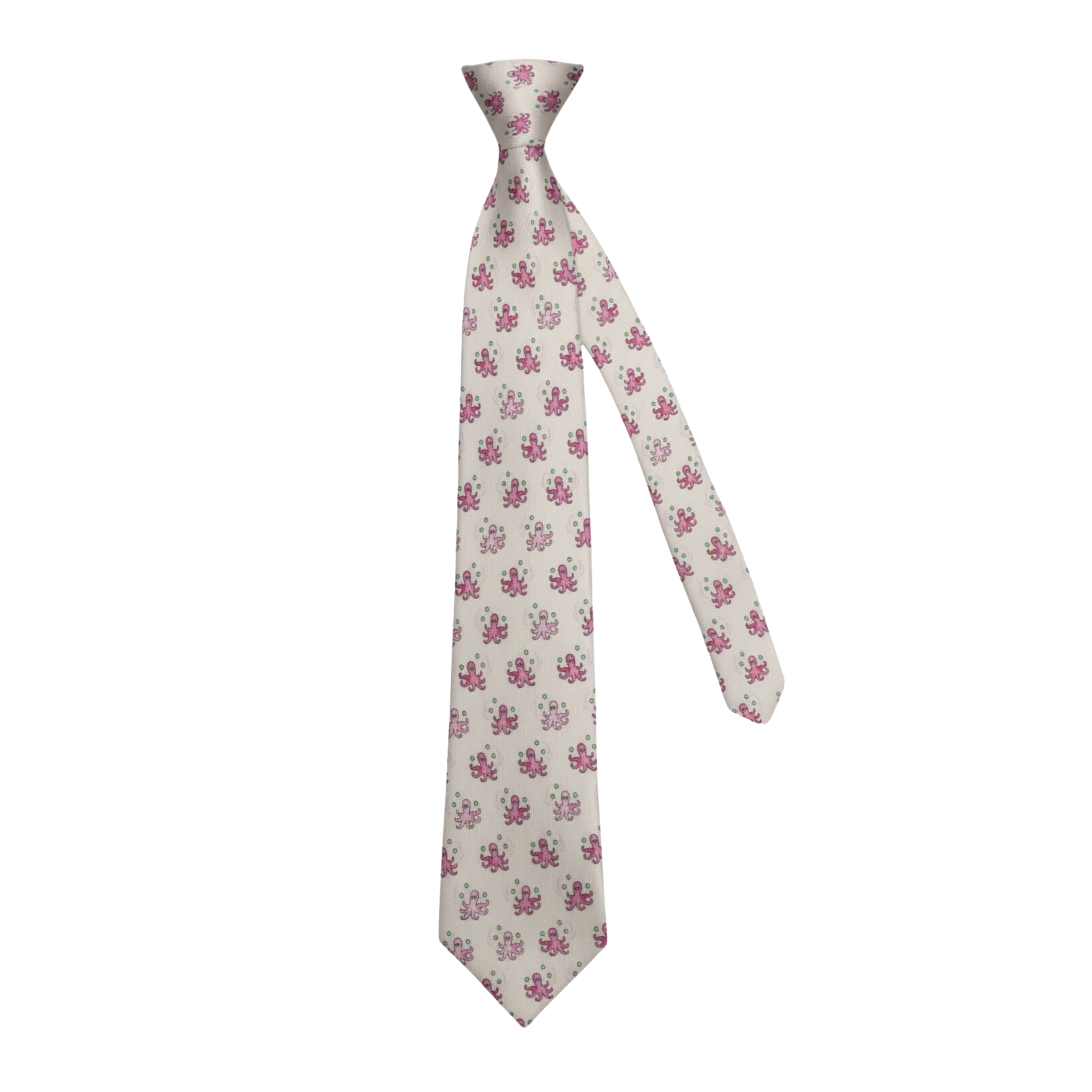 Pink octopus patterned silk tie shown at an angle highlighting drape and motif
