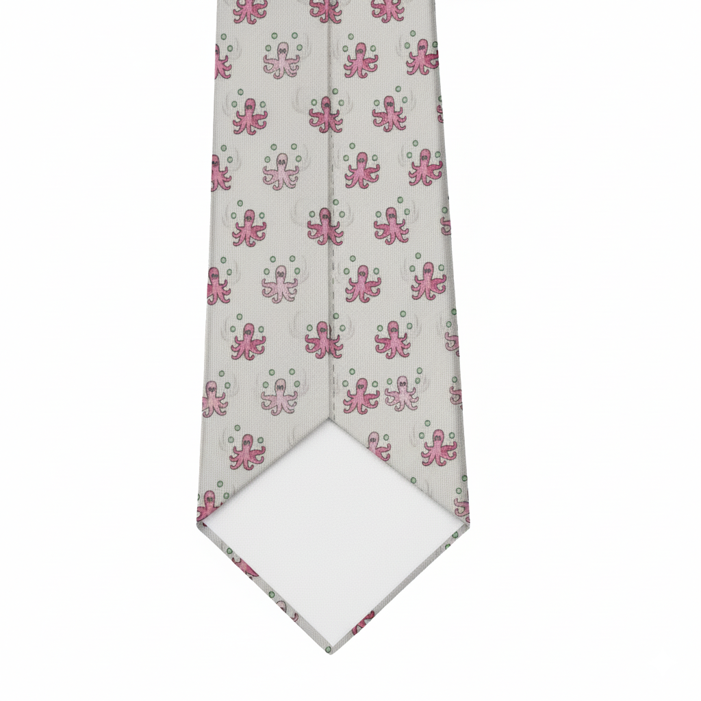 Pink octopus woven silk tie tip showing pattern alignment and construction