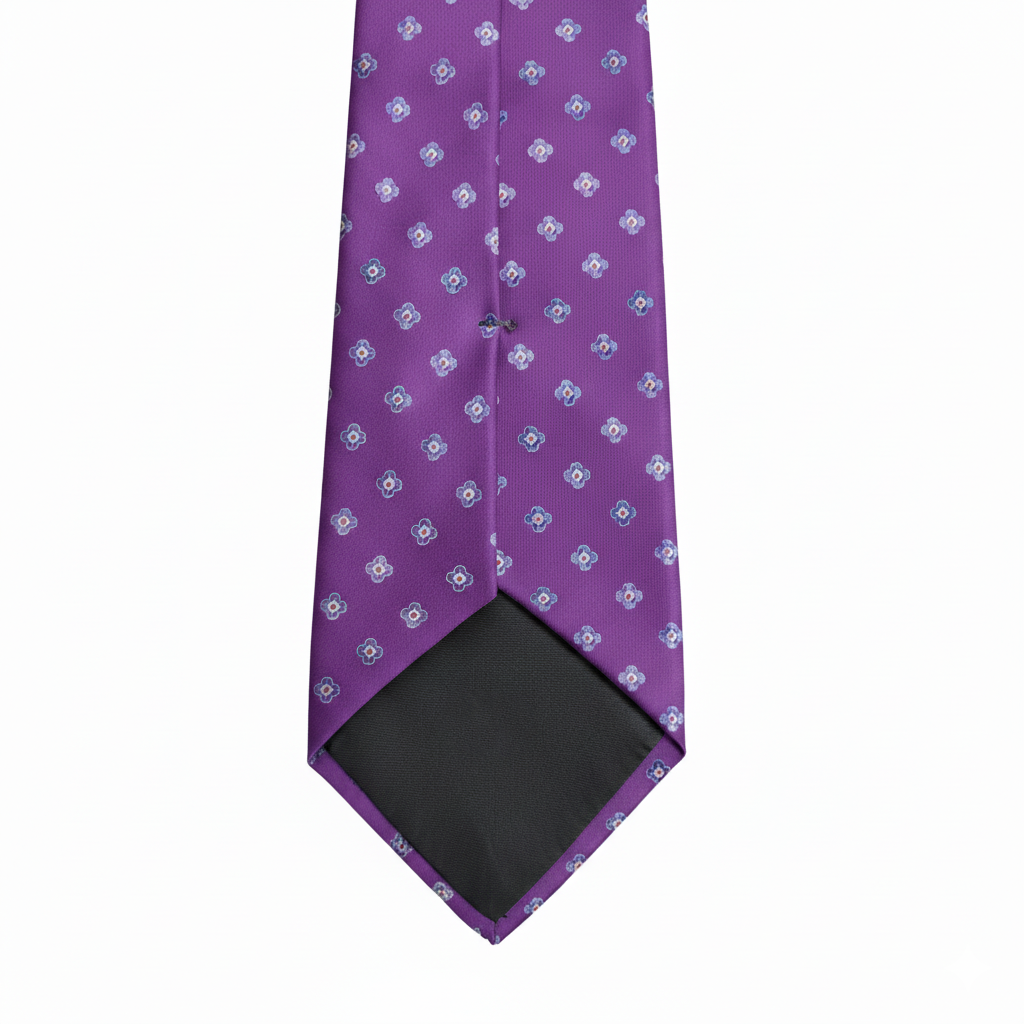 Detail view of purple patterned silk tie tip and stitching