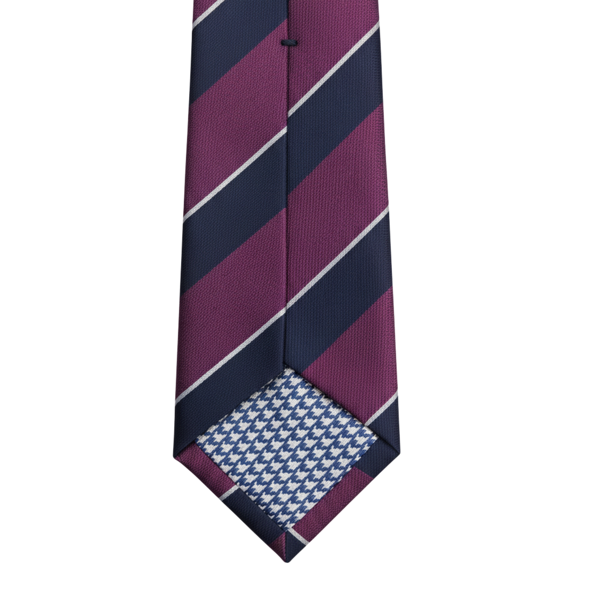 Detail view of striped silk tie tip and stitching