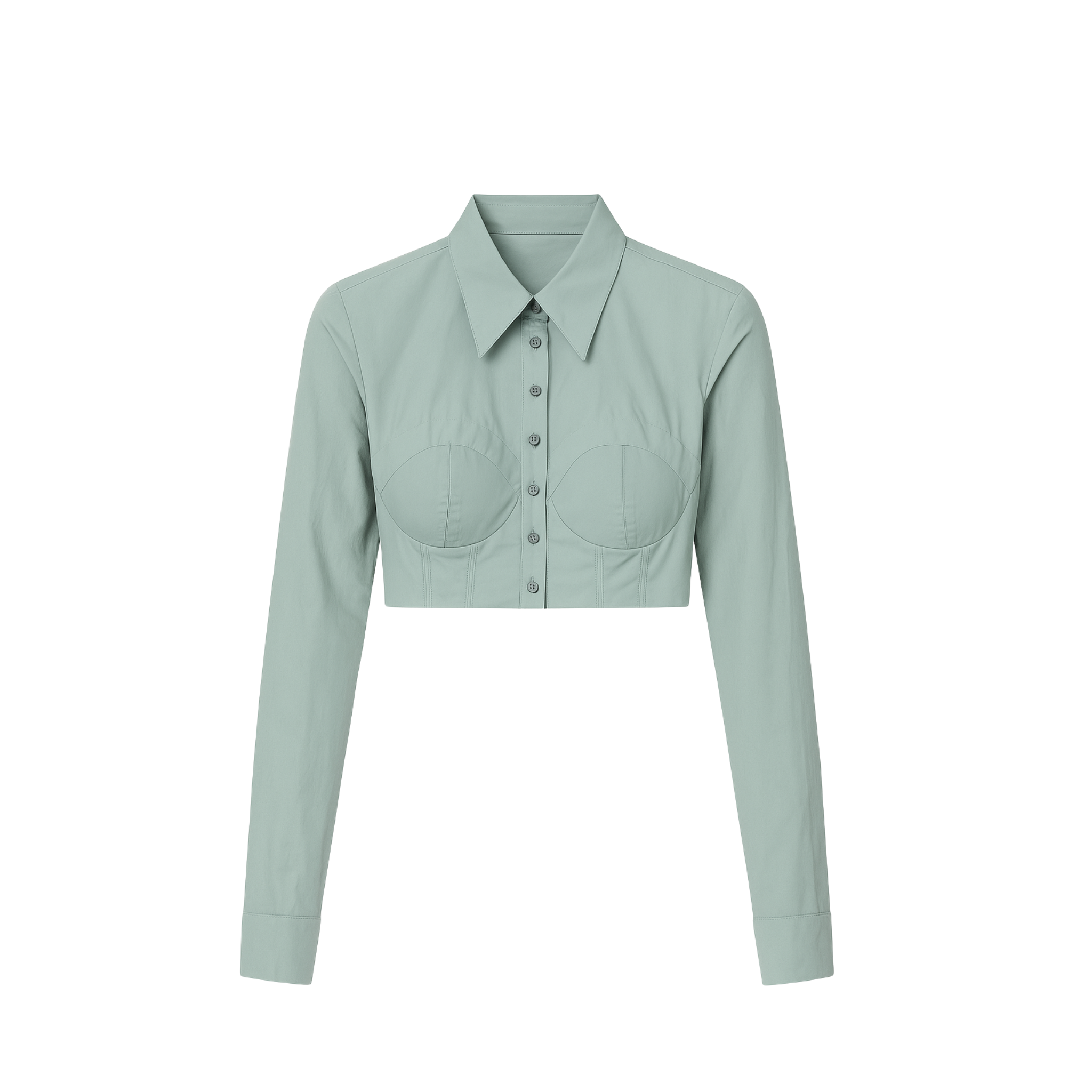 Tailory green cropped button-down shirt front view with structured bust and long sleeves