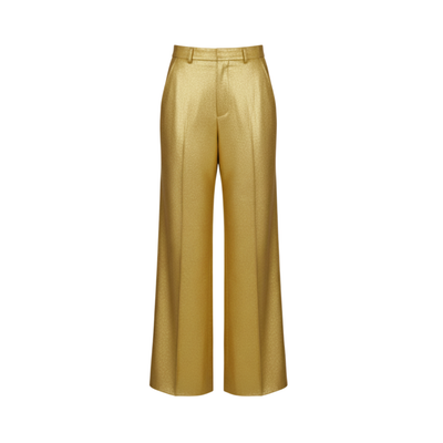 Gold silk lamé tailored trousers — front view