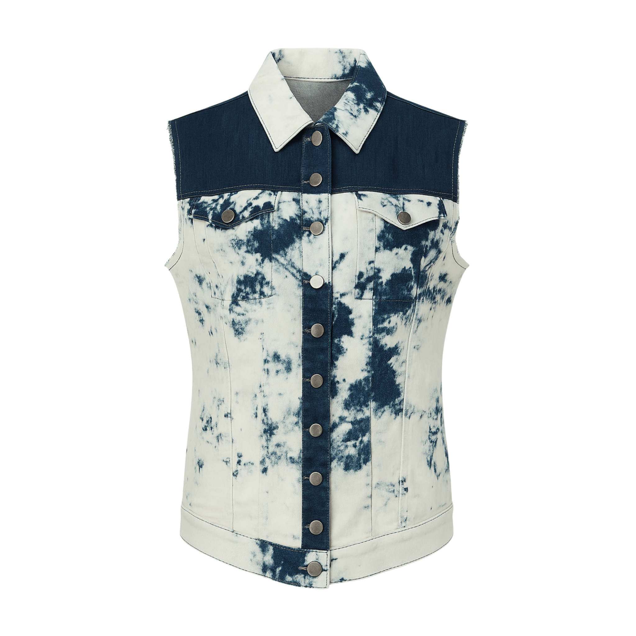 Front view of tie-dye denim vest featuring navy-and-cream bleached pattern, button-front closure, and chest pockets