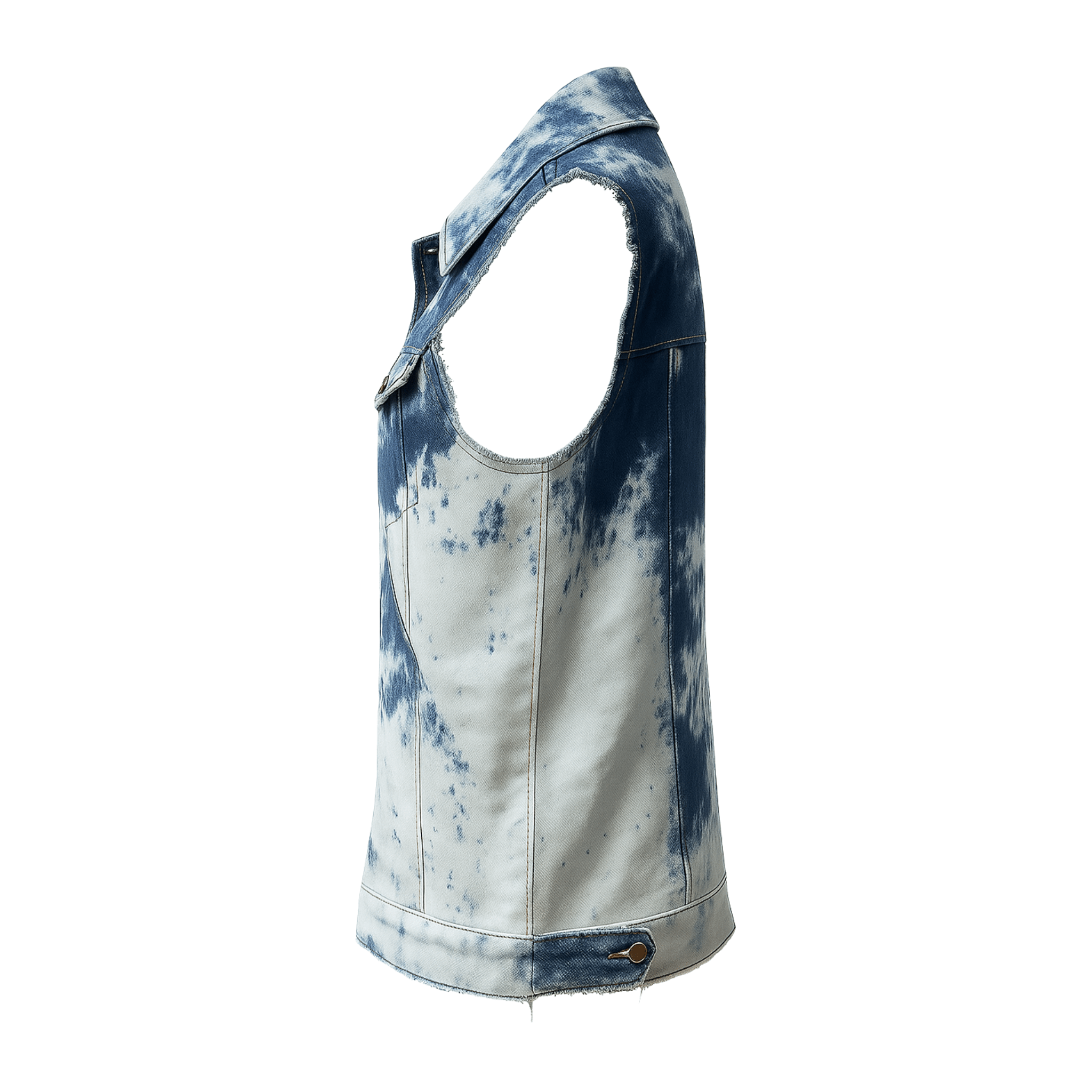 Side view of tie-dye denim vest showing sleeveless cut, bleached pattern, and raw-edge detailing